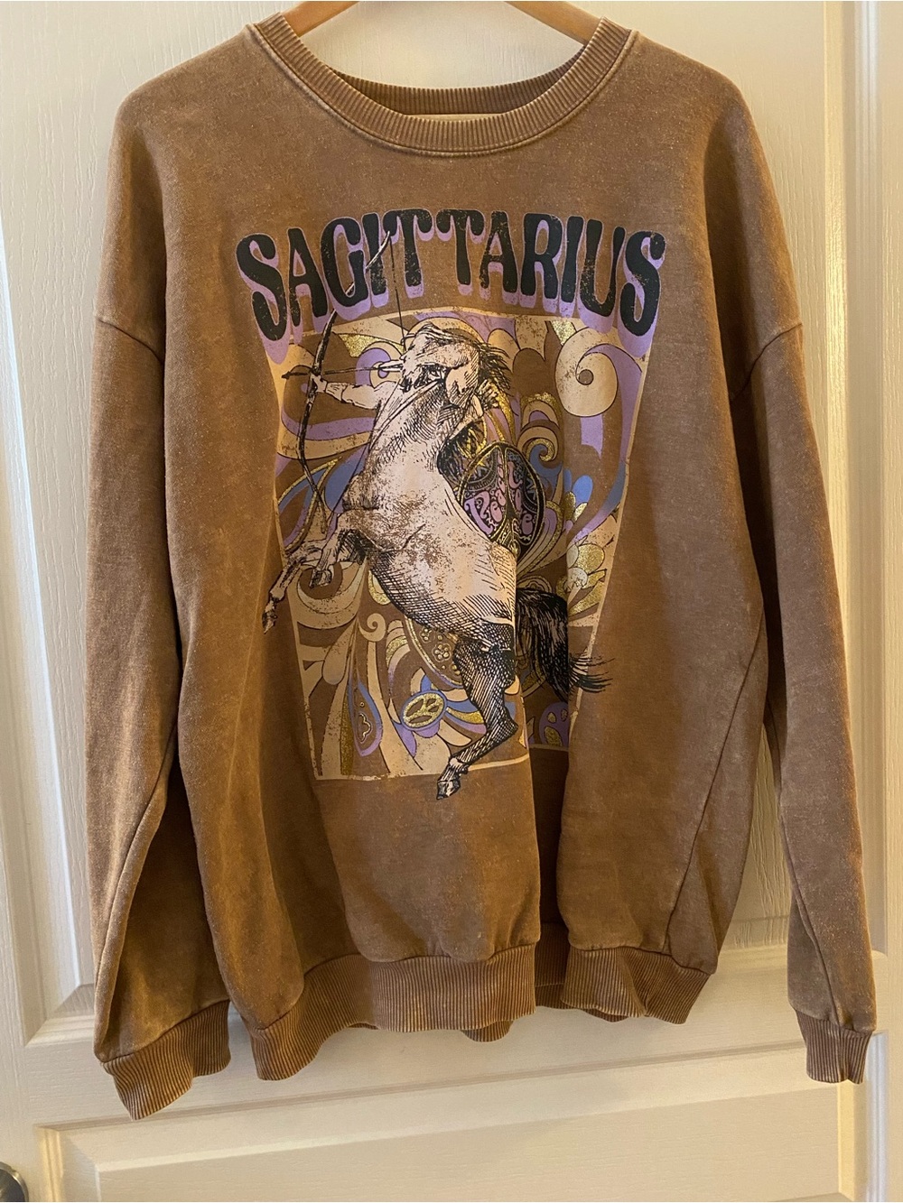 SAGITTARIUS Graphic Zodiac Sweatshirt in Brown wash w/ Metallic - L